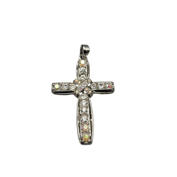 Aurora Borealis Cross Pendant Silver Tone Lots of Sparkle & Color - Picture 1 of 12